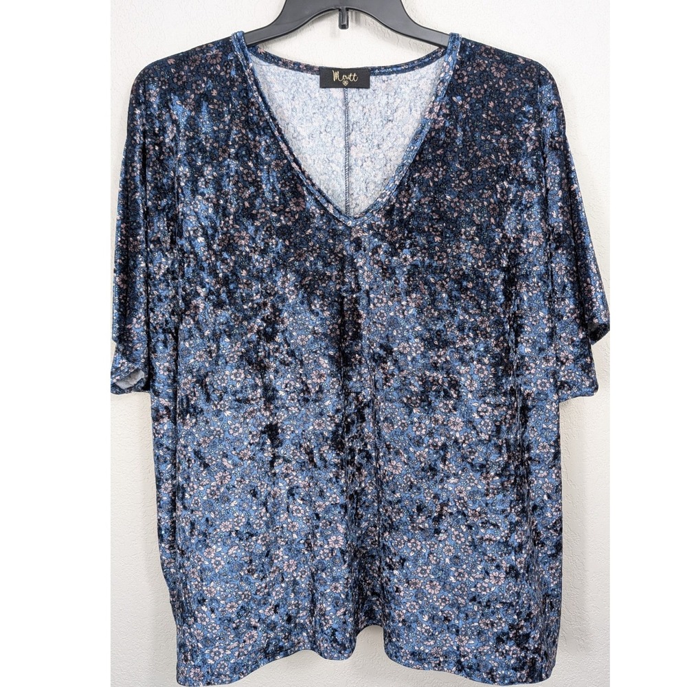 Meritt Crushed Velvet Top Women One Size Blue Floral‎ V-Neck Oversized